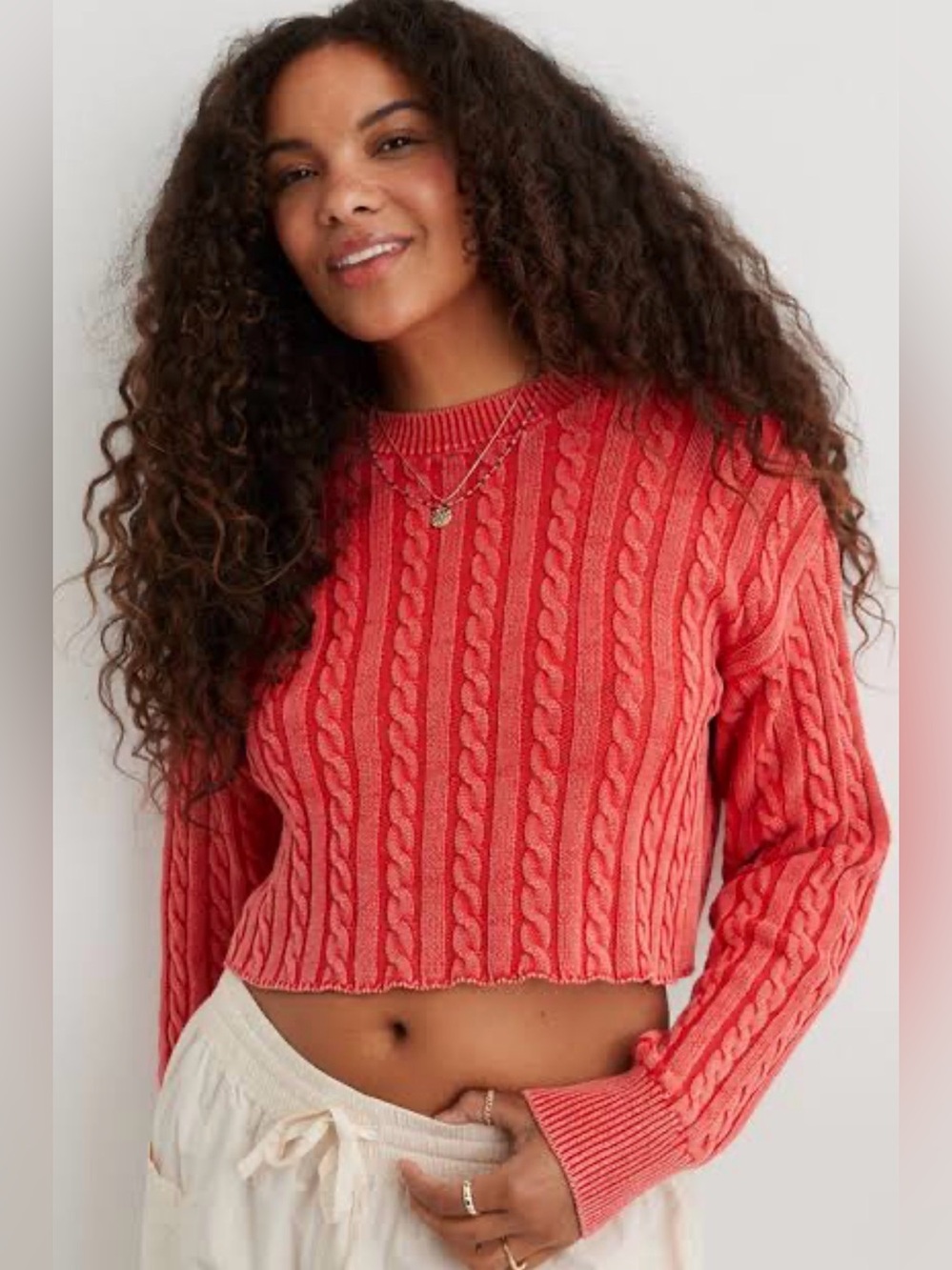 aerie Women’s Mini Cable Cropped Sweater in Red. 100% Cotton, Size Small, NWT